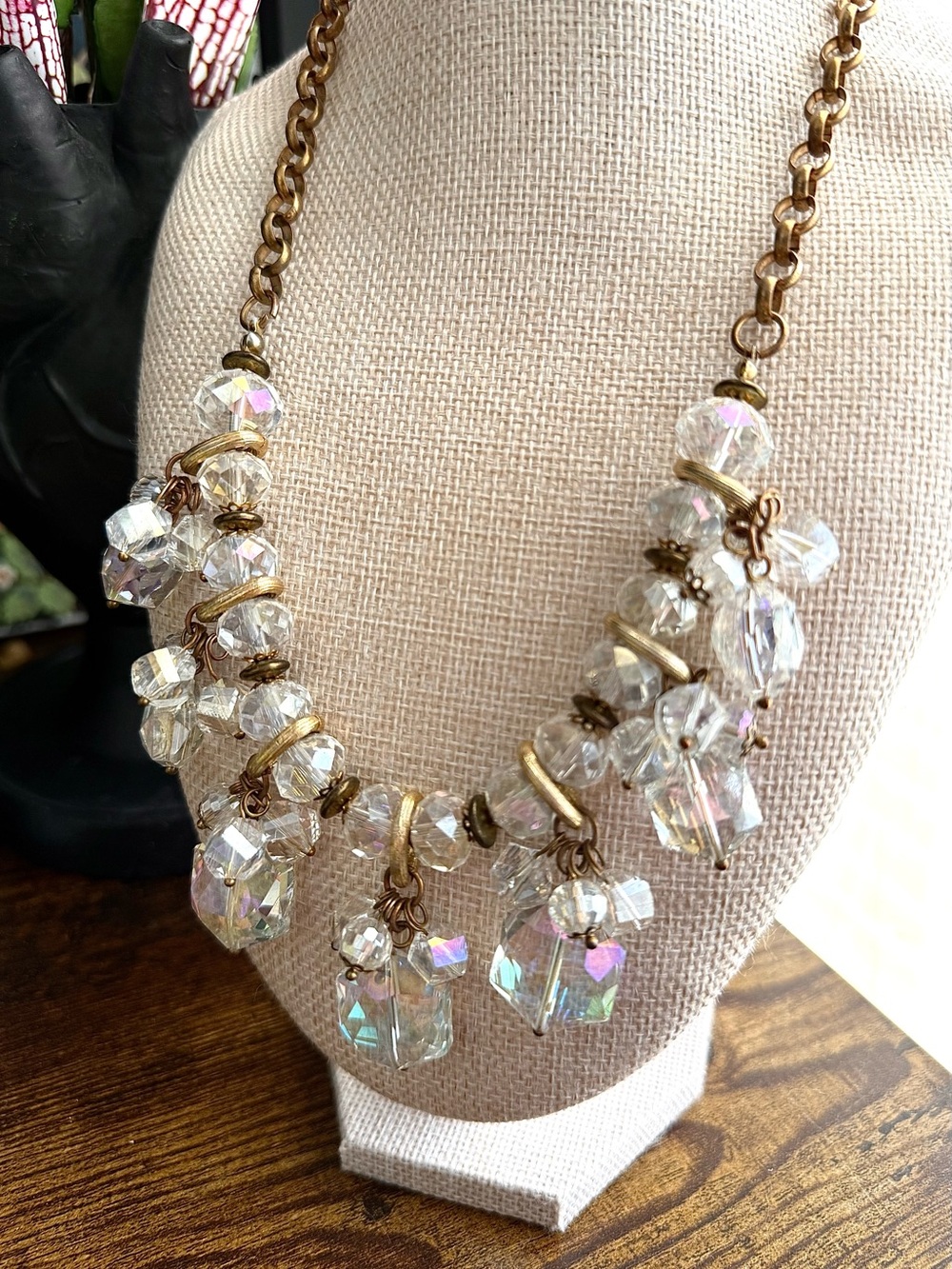 Vintage AB Crystal Cluster Statement Necklace Goldtone Clear